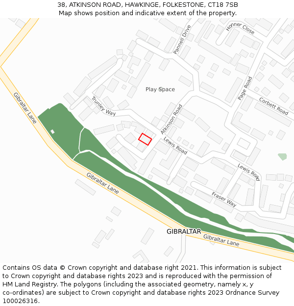 38, ATKINSON ROAD, HAWKINGE, FOLKESTONE, CT18 7SB: Location map and indicative extent of plot