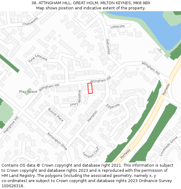 38, ATTINGHAM HILL, GREAT HOLM, MILTON KEYNES, MK8 9BX: Location map and indicative extent of plot