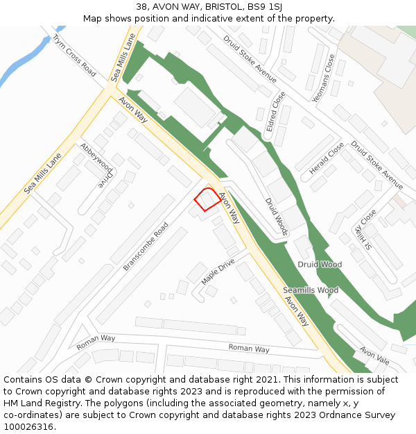 38, AVON WAY, BRISTOL, BS9 1SJ: Location map and indicative extent of plot