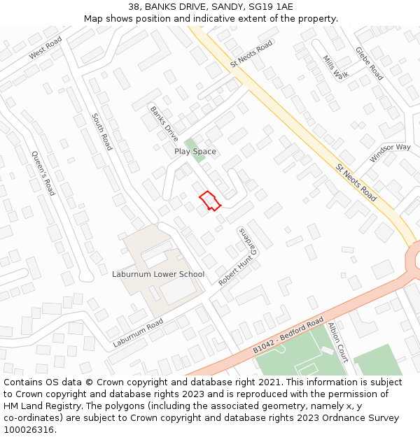 38, BANKS DRIVE, SANDY, SG19 1AE: Location map and indicative extent of plot