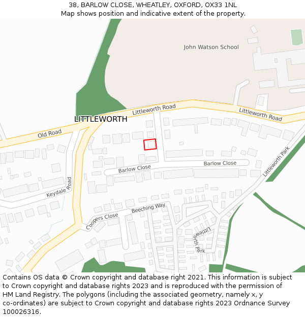 38, BARLOW CLOSE, WHEATLEY, OXFORD, OX33 1NL: Location map and indicative extent of plot