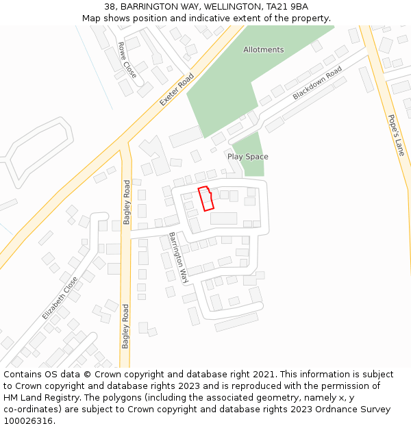 38, BARRINGTON WAY, WELLINGTON, TA21 9BA: Location map and indicative extent of plot