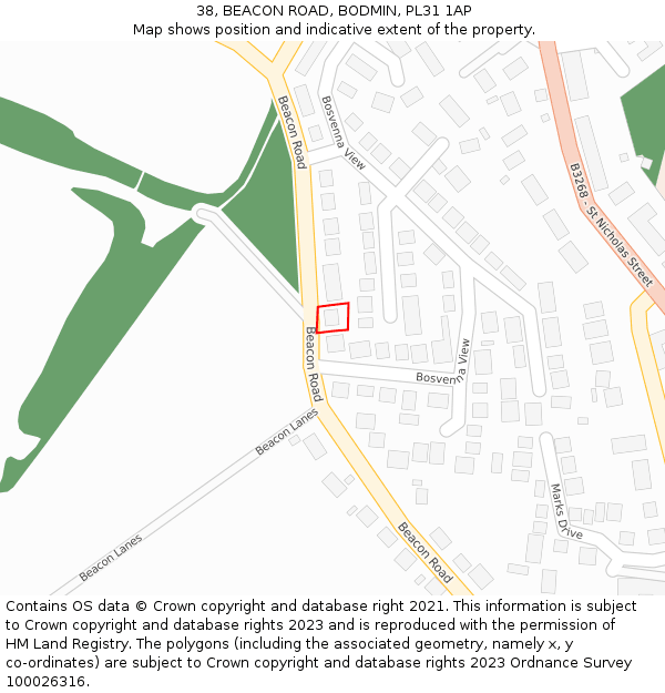 38, BEACON ROAD, BODMIN, PL31 1AP: Location map and indicative extent of plot