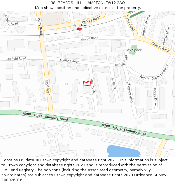 38, BEARDS HILL, HAMPTON, TW12 2AQ: Location map and indicative extent of plot