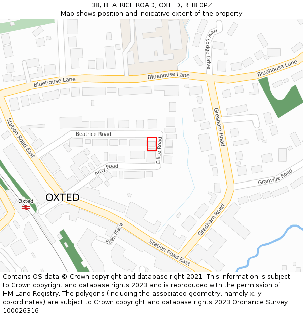 38, BEATRICE ROAD, OXTED, RH8 0PZ: Location map and indicative extent of plot