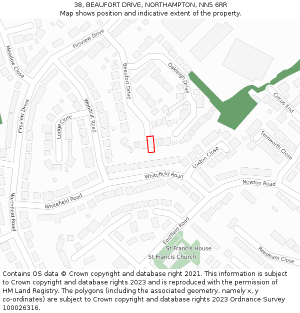 38, BEAUFORT DRIVE, NORTHAMPTON, NN5 6RR: Location map and indicative extent of plot