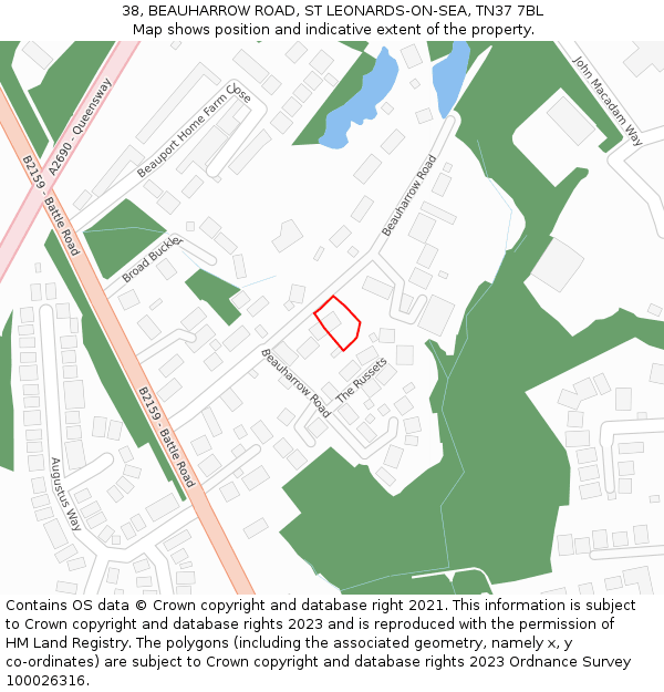 38, BEAUHARROW ROAD, ST LEONARDS-ON-SEA, TN37 7BL: Location map and indicative extent of plot