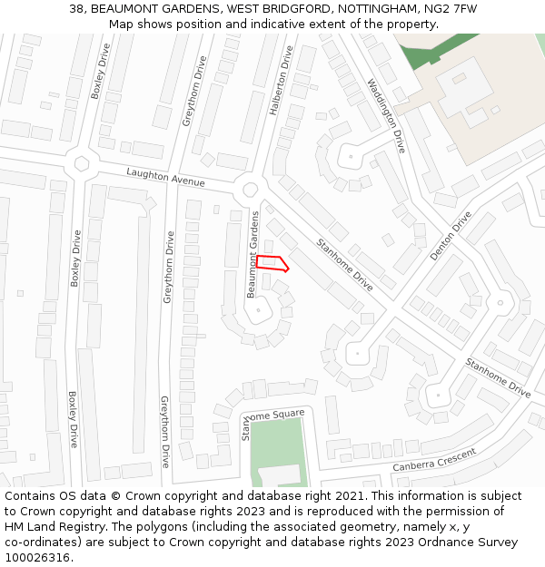 38, BEAUMONT GARDENS, WEST BRIDGFORD, NOTTINGHAM, NG2 7FW: Location map and indicative extent of plot