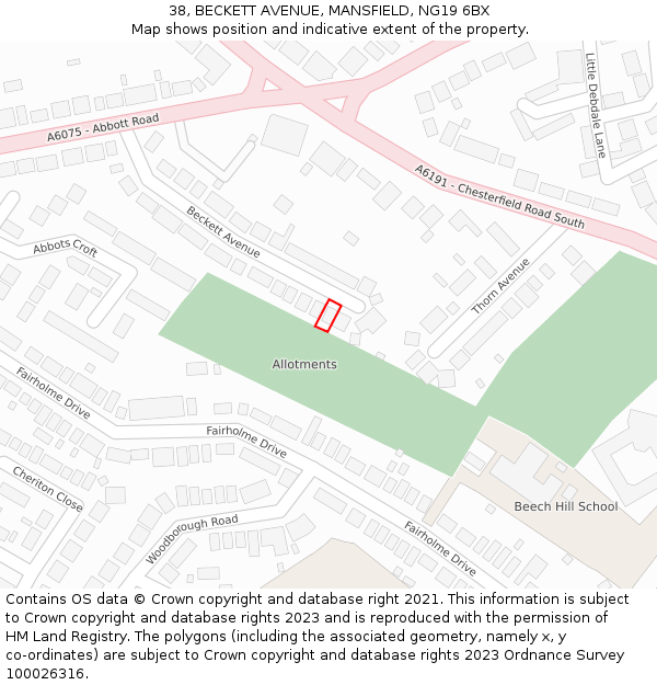 38, BECKETT AVENUE, MANSFIELD, NG19 6BX: Location map and indicative extent of plot