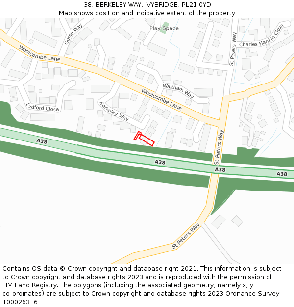 38, BERKELEY WAY, IVYBRIDGE, PL21 0YD: Location map and indicative extent of plot