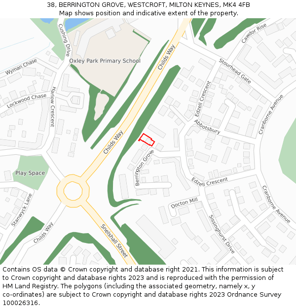 38, BERRINGTON GROVE, WESTCROFT, MILTON KEYNES, MK4 4FB: Location map and indicative extent of plot