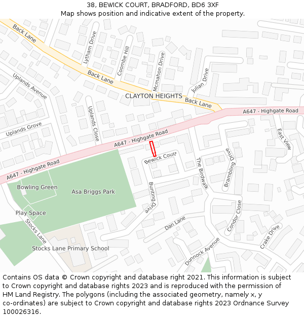 38, BEWICK COURT, BRADFORD, BD6 3XF: Location map and indicative extent of plot