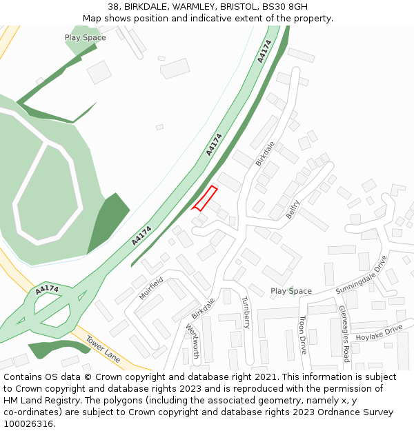 38, BIRKDALE, WARMLEY, BRISTOL, BS30 8GH: Location map and indicative extent of plot