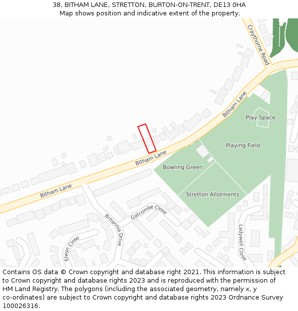 38, BITHAM LANE, STRETTON, BURTON-ON-TRENT, DE13 0HA: Location map and indicative extent of plot