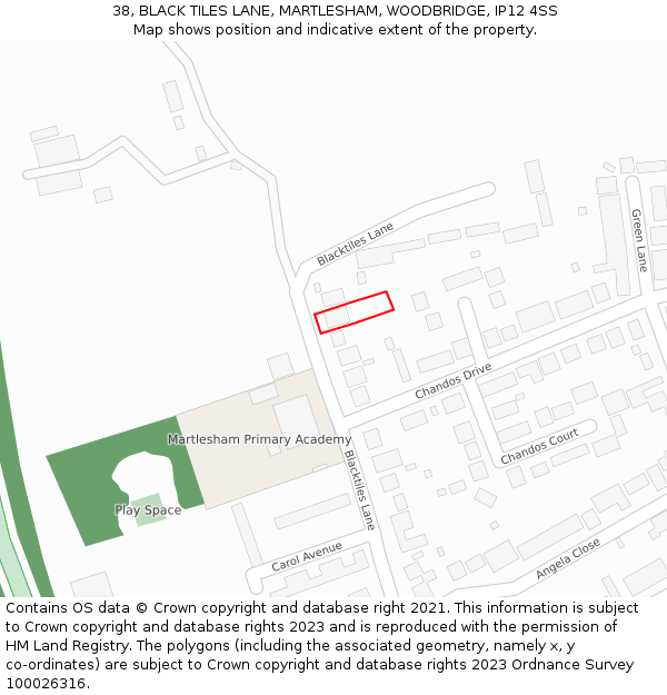 38, BLACK TILES LANE, MARTLESHAM, WOODBRIDGE, IP12 4SS: Location map and indicative extent of plot