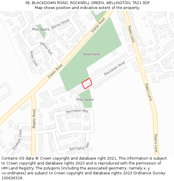 38, BLACKDOWN ROAD, ROCKWELL GREEN, WELLINGTON, TA21 9DF: Location map and indicative extent of plot