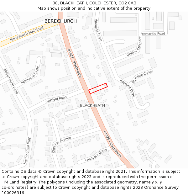 38, BLACKHEATH, COLCHESTER, CO2 0AB: Location map and indicative extent of plot