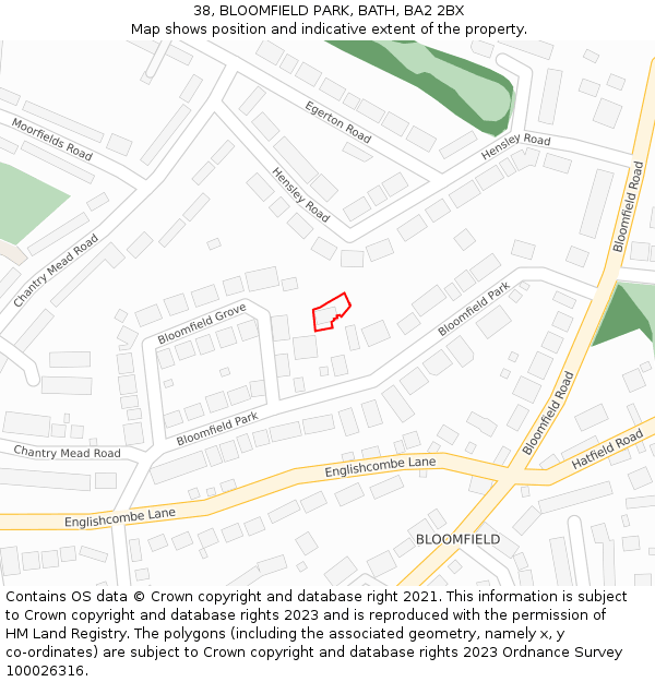 38, BLOOMFIELD PARK, BATH, BA2 2BX: Location map and indicative extent of plot