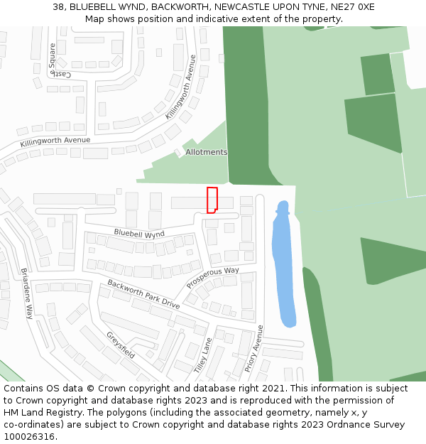 38, BLUEBELL WYND, BACKWORTH, NEWCASTLE UPON TYNE, NE27 0XE: Location map and indicative extent of plot