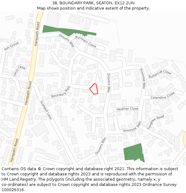 38, BOUNDARY PARK, SEATON, EX12 2UN: Location map and indicative extent of plot