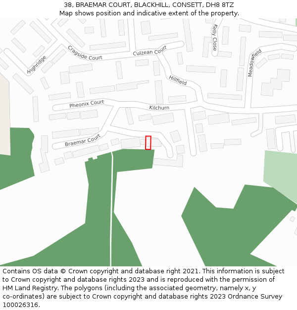 38, BRAEMAR COURT, BLACKHILL, CONSETT, DH8 8TZ: Location map and indicative extent of plot