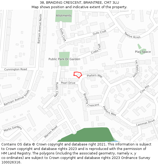 38, BRAIDING CRESCENT, BRAINTREE, CM7 3LU: Location map and indicative extent of plot