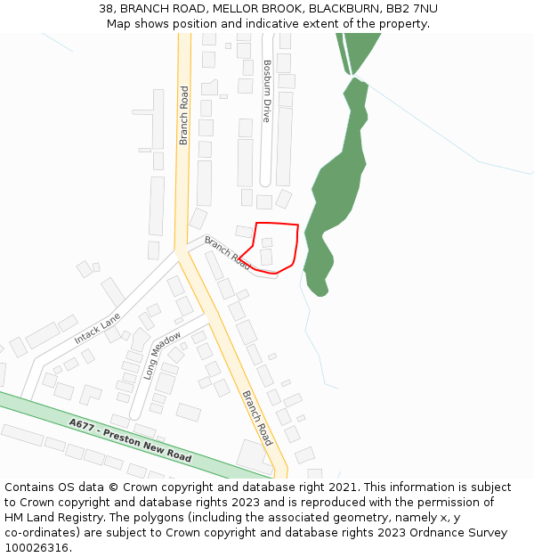 38, BRANCH ROAD, MELLOR BROOK, BLACKBURN, BB2 7NU: Location map and indicative extent of plot