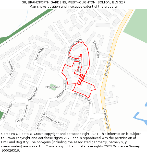 38, BRANDFORTH GARDENS, WESTHOUGHTON, BOLTON, BL5 3ZP: Location map and indicative extent of plot