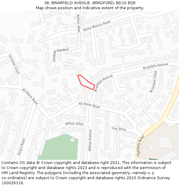 38, BRIARFIELD AVENUE, BRADFORD, BD10 8QR: Location map and indicative extent of plot