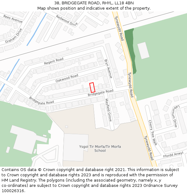 38, BRIDGEGATE ROAD, RHYL, LL18 4BN: Location map and indicative extent of plot