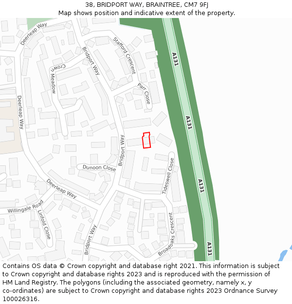 38, BRIDPORT WAY, BRAINTREE, CM7 9FJ: Location map and indicative extent of plot