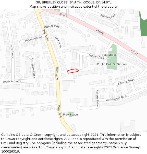 38, BRIERLEY CLOSE, SNAITH, GOOLE, DN14 9TL: Location map and indicative extent of plot