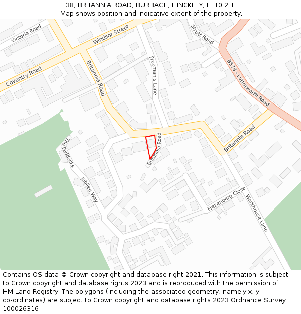 38, BRITANNIA ROAD, BURBAGE, HINCKLEY, LE10 2HF: Location map and indicative extent of plot