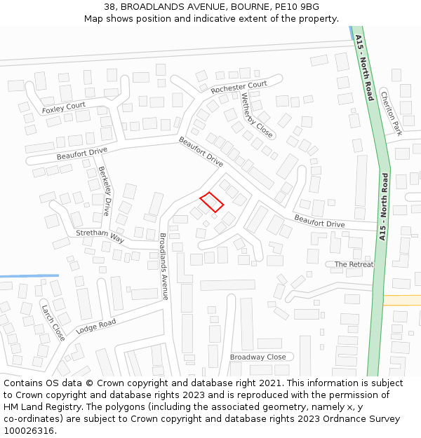 38, BROADLANDS AVENUE, BOURNE, PE10 9BG: Location map and indicative extent of plot