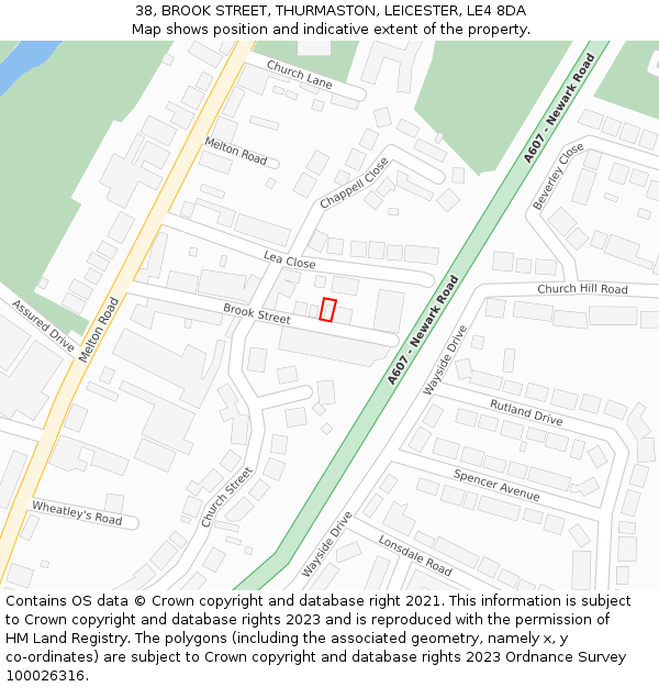 38, BROOK STREET, THURMASTON, LEICESTER, LE4 8DA: Location map and indicative extent of plot