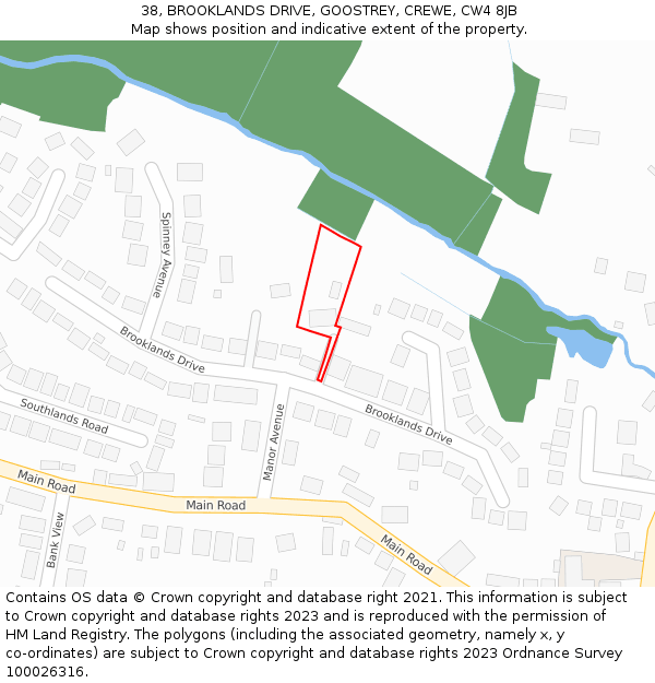 38, BROOKLANDS DRIVE, GOOSTREY, CREWE, CW4 8JB: Location map and indicative extent of plot
