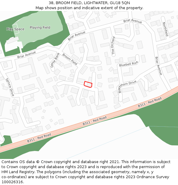 38, BROOM FIELD, LIGHTWATER, GU18 5QN: Location map and indicative extent of plot