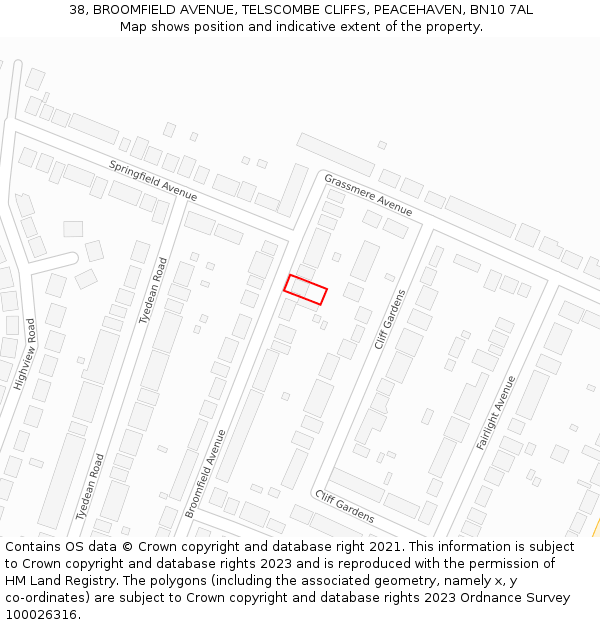 38, BROOMFIELD AVENUE, TELSCOMBE CLIFFS, PEACEHAVEN, BN10 7AL: Location map and indicative extent of plot