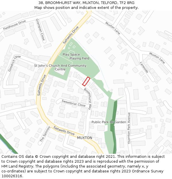 38, BROOMHURST WAY, MUXTON, TELFORD, TF2 8RG: Location map and indicative extent of plot