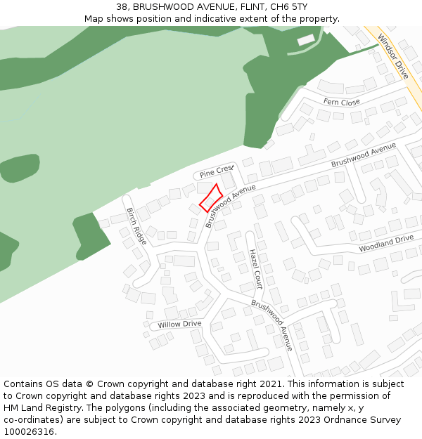 38, BRUSHWOOD AVENUE, FLINT, CH6 5TY: Location map and indicative extent of plot