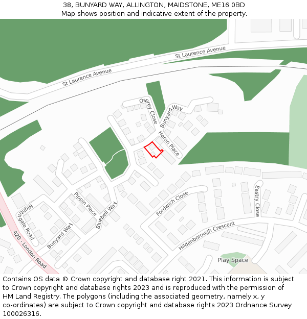 38, BUNYARD WAY, ALLINGTON, MAIDSTONE, ME16 0BD: Location map and indicative extent of plot