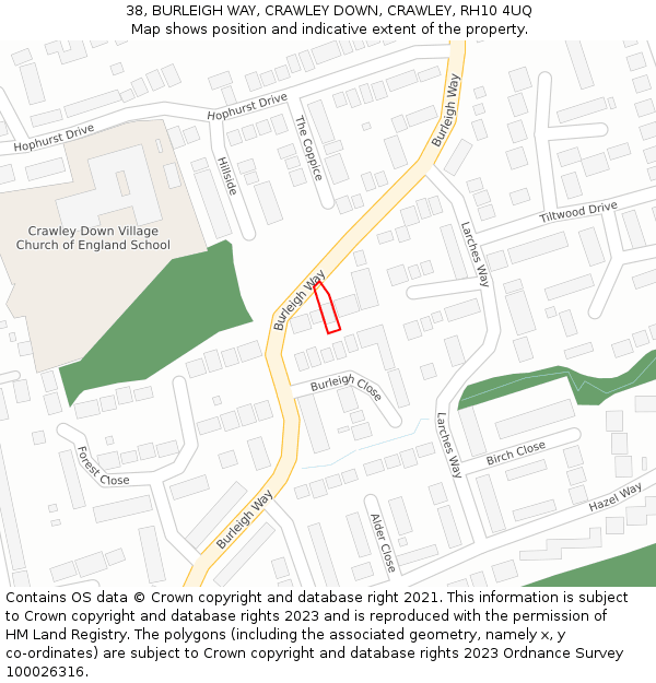 38, BURLEIGH WAY, CRAWLEY DOWN, CRAWLEY, RH10 4UQ: Location map and indicative extent of plot