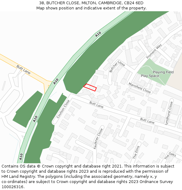 38, BUTCHER CLOSE, MILTON, CAMBRIDGE, CB24 6ED: Location map and indicative extent of plot