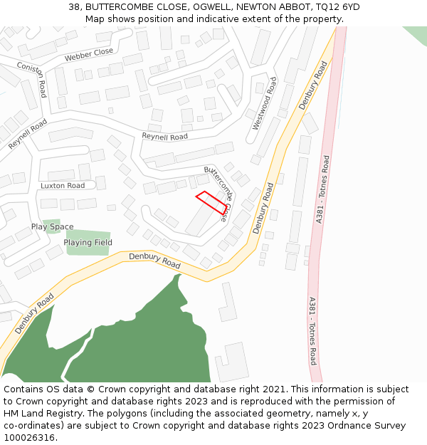 38, BUTTERCOMBE CLOSE, OGWELL, NEWTON ABBOT, TQ12 6YD: Location map and indicative extent of plot