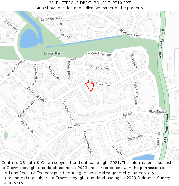 38, BUTTERCUP DRIVE, BOURNE, PE10 0PZ: Location map and indicative extent of plot