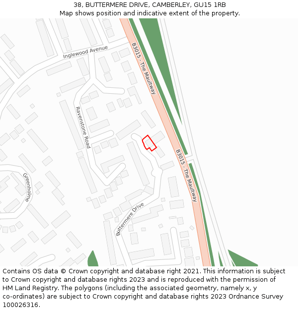 38, BUTTERMERE DRIVE, CAMBERLEY, GU15 1RB: Location map and indicative extent of plot