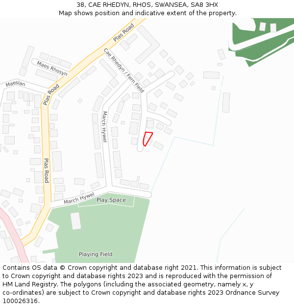 38, CAE RHEDYN, RHOS, SWANSEA, SA8 3HX: Location map and indicative extent of plot