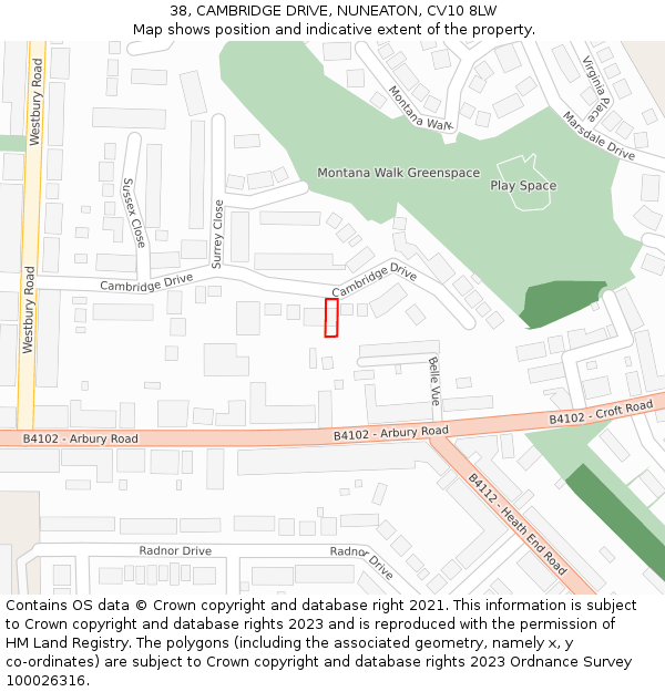 38, CAMBRIDGE DRIVE, NUNEATON, CV10 8LW: Location map and indicative extent of plot