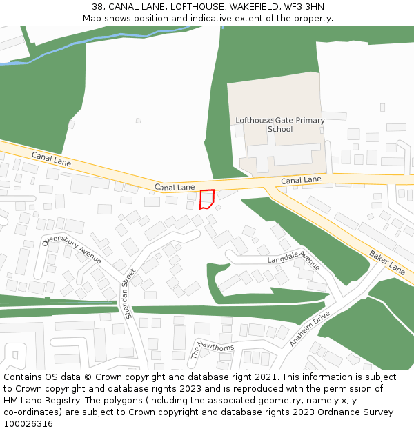 38, CANAL LANE, LOFTHOUSE, WAKEFIELD, WF3 3HN: Location map and indicative extent of plot