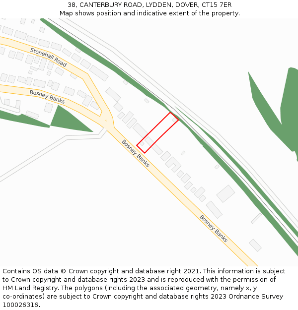 38, CANTERBURY ROAD, LYDDEN, DOVER, CT15 7ER: Location map and indicative extent of plot